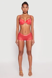 Womens Caged Sides Lace Push Up Plunge Bra, Red,