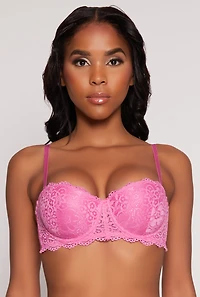 Womens Lace Floral Balconette Bra | Converts to Strapless, Pink, Size 34D