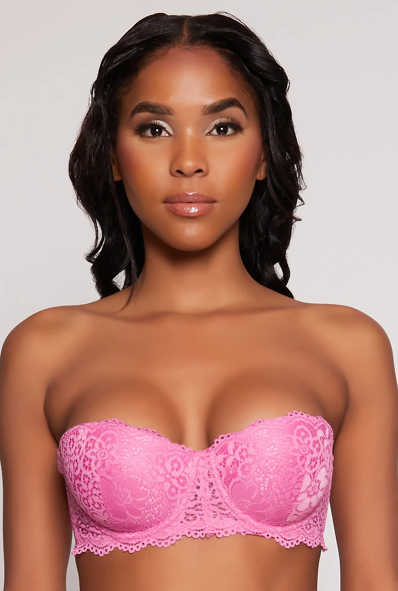 Womens Lace Floral Balconette Bra | Converts to Strapless, Pink, Size 34C