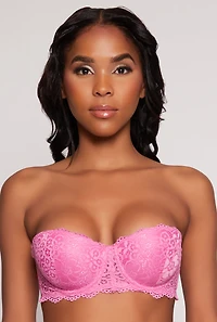Womens Lace Floral Balconette Bra | Converts to Strapless, Pink, Size 34D