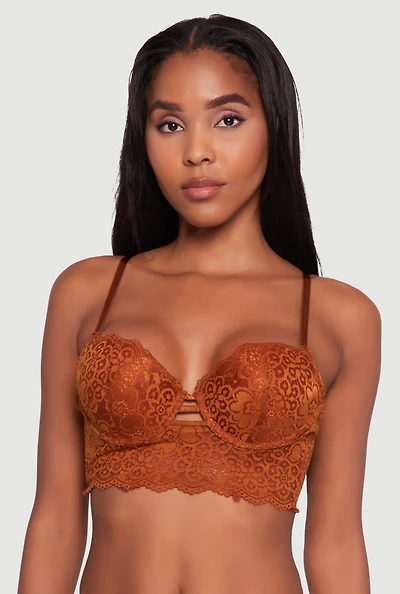Womens Floral Lace Caged Front Longline Push Up Bra, Brown,