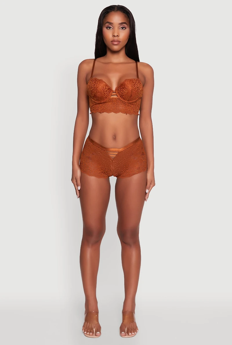 Womens Floral Lace Caged Front Longline Push Up Bra, Brown, Size 34B