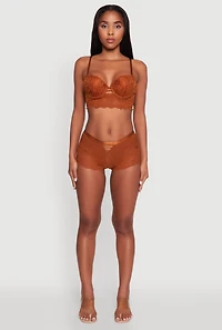 Womens Floral Lace Caged Front Longline Push Up Bra, Brown, Size 34B