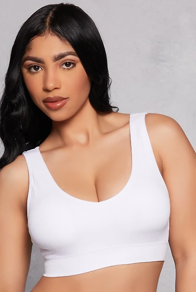 Womens Ribbed Knit Solid Sports Bra, White, Size S