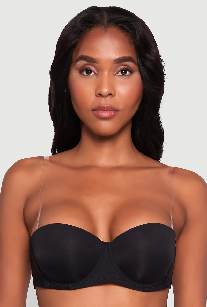 Womens Elegant Padded Push Up Balconette Bra with Clear Back Strap, Black, Size 34C
