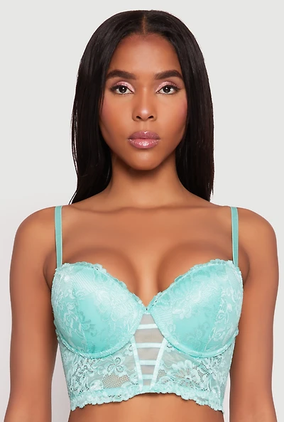 Womens Floral Lace Caged Front Plunge Longline Bra, Green,