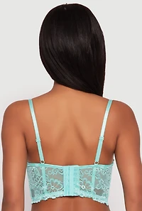Womens Floral Lace Caged Front Plunge Longline Bra, Green,