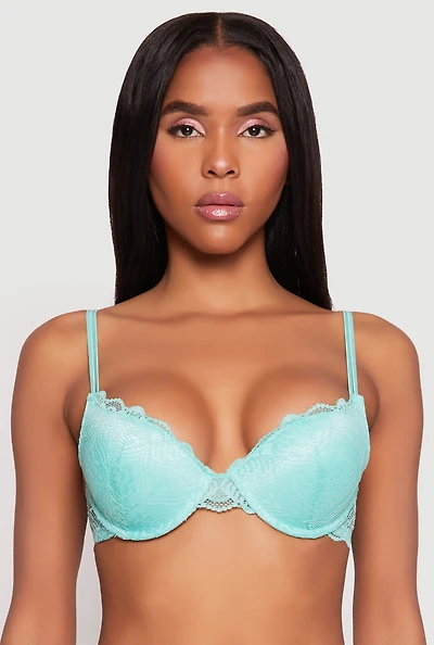 Womens Scallop Trim Floral Lace Caged Back Plunge Bra, Green, Size 36D