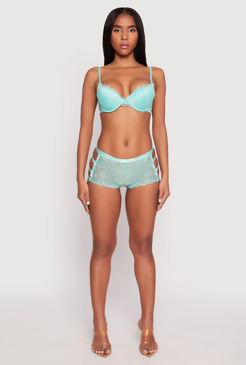 Scallop Trim Floral Lace Caged Back Plunge Bra