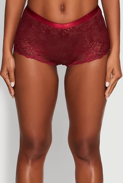 Womens Floral Lace Boyshort Panty, Burgundy, Size XL