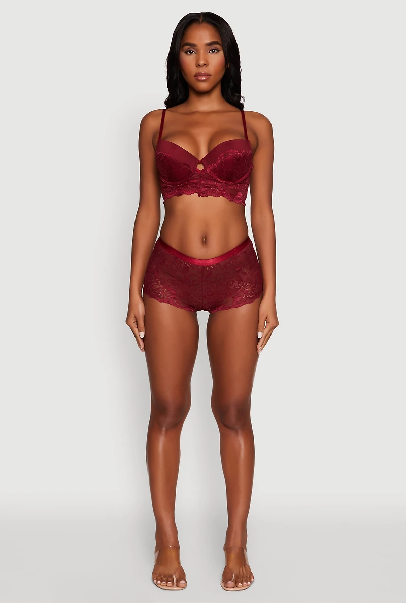 Womens Floral Lace Boyshort Panty, Burgundy, Size S