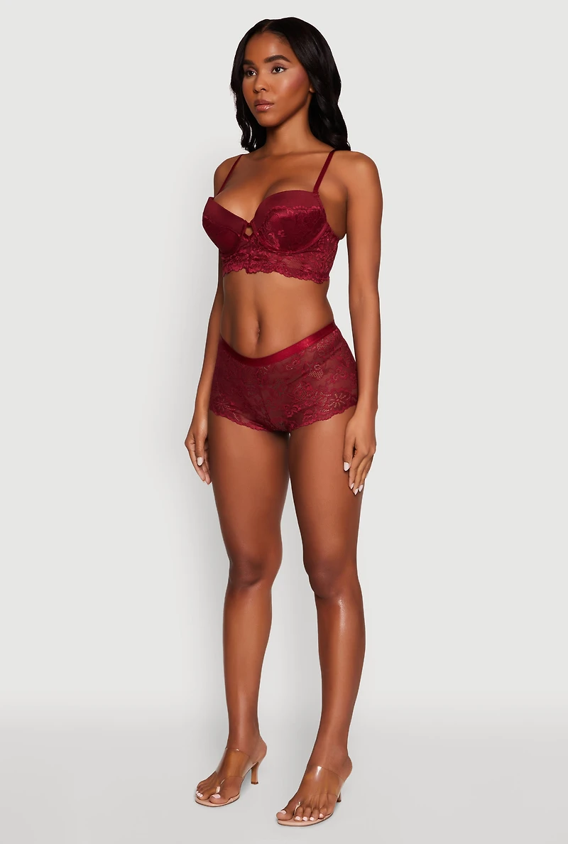 Womens Floral Lace Boyshort Panty, Burgundy, Size S