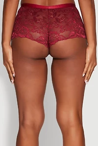 Womens Floral Lace Boyshort Panty, Burgundy, Size S