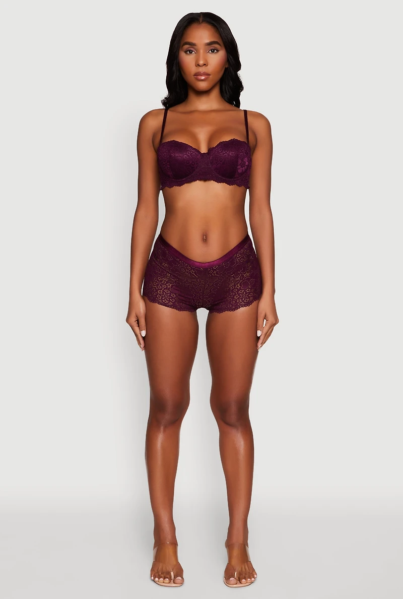 Womens Floral Lace Boyshort Panty with Scalloped Hem, Purple, Size S