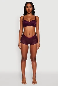 Womens Floral Lace Boyshort Panty with Scalloped Hem, Purple, Size S