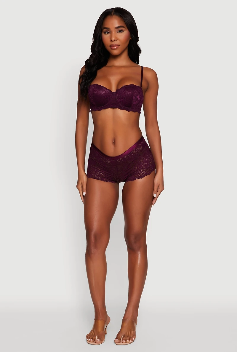 Womens Floral Lace Boyshort Panty with Scalloped Hem, Purple, Size S