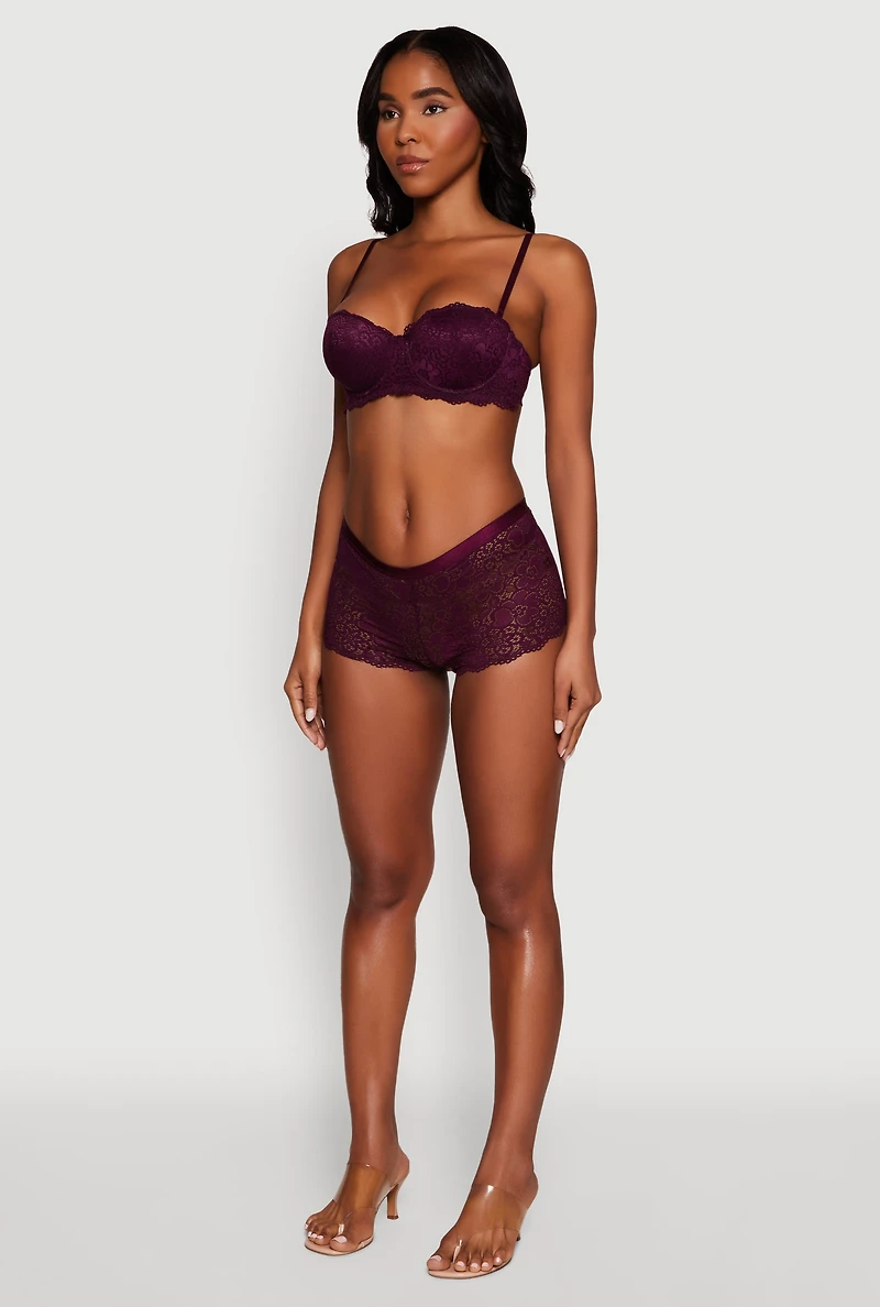 Womens Floral Lace Boyshort Panty with Scalloped Hem, Purple, Size S