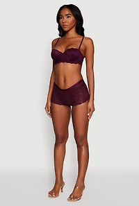 Womens Floral Lace Boyshort Panty with Scalloped Hem, Purple, Size S