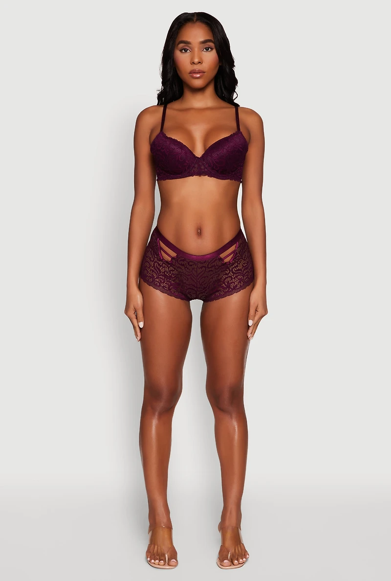 Womens Double Keyhole Lace Boyshort Panties, Purple, Size M