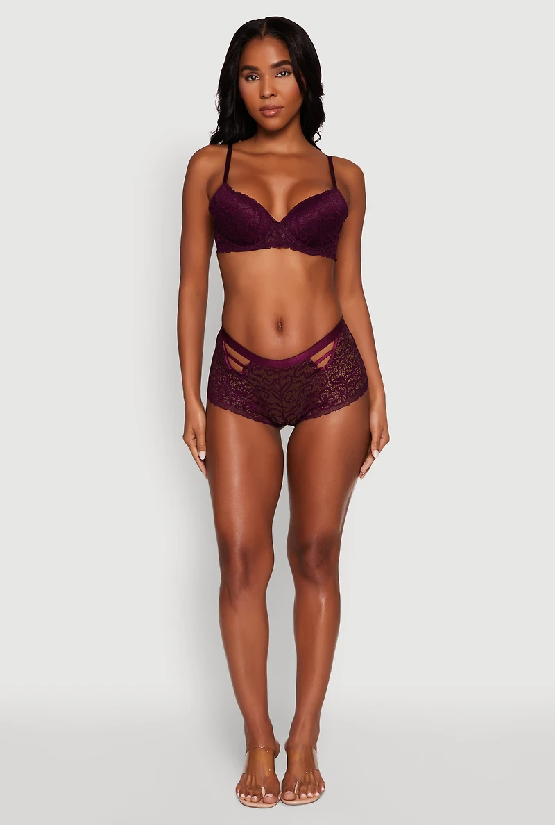 Womens Double Keyhole Lace Boyshort Panties, Purple, Size M