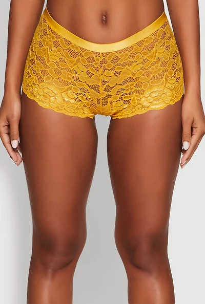 Womens Elegant Floral Lace Caged V Back Panty, Yellow,