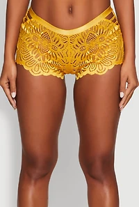Womens Geometric Lace Caged Detail Boyshort Panties, Yellow, Size XL
