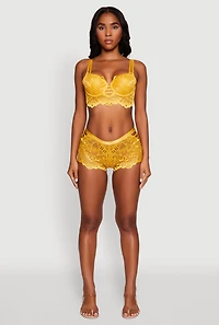 Womens Geometric Lace Caged Detail Boyshort Panties, Yellow,