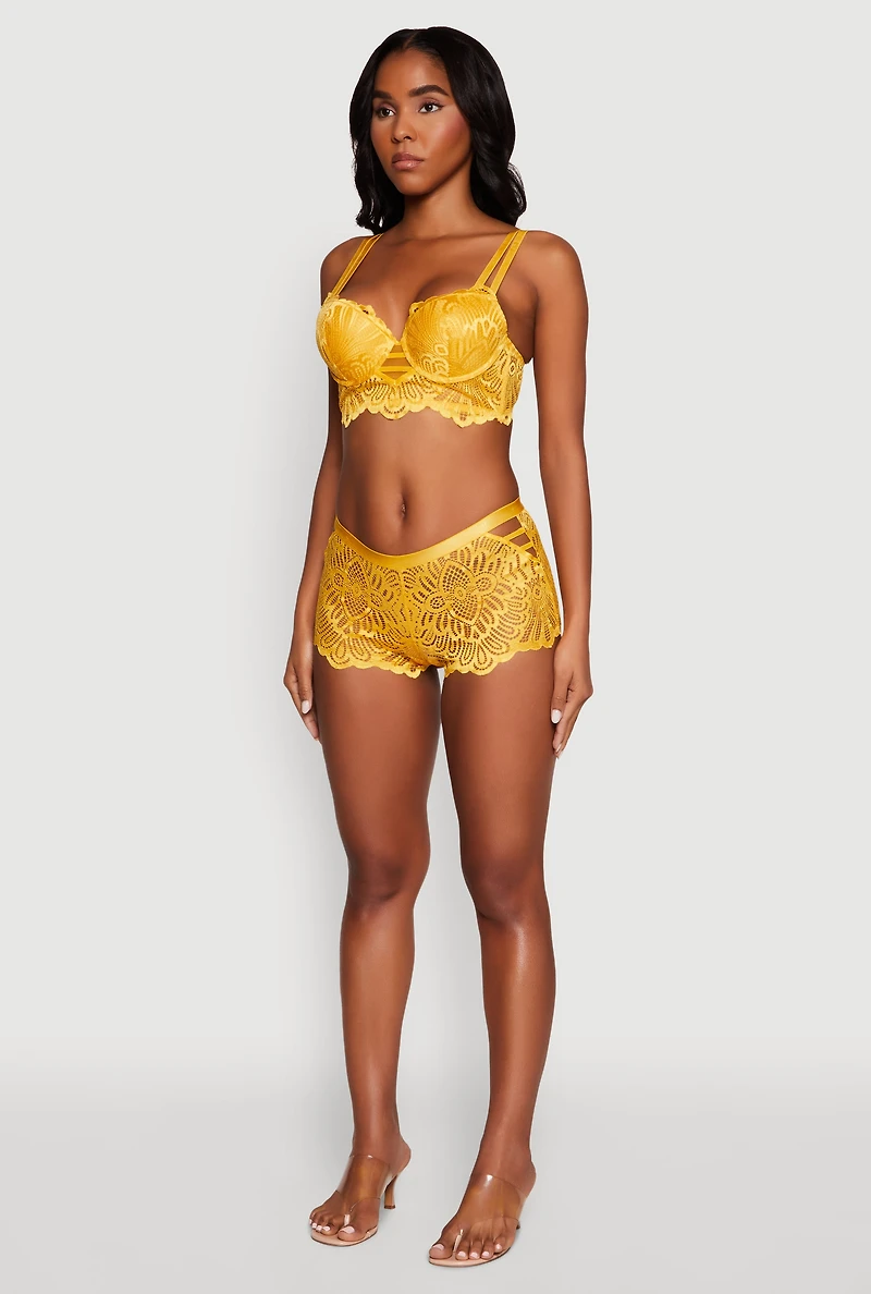 Womens Geometric Lace Caged Detail Boyshort Panties, Yellow, Size M
