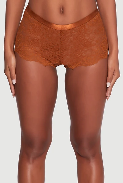 Womens Rose Floral Lace Scalloped Boyshort Panty, Brown,