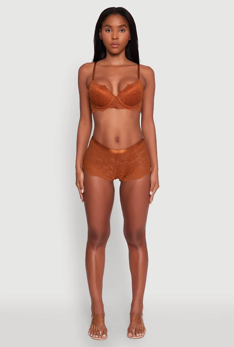 Womens Rose Floral Lace Scalloped Boyshort Panty, Brown, Size M