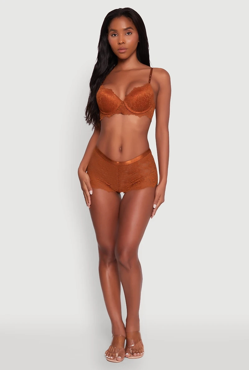 Womens Rose Floral Lace Scalloped Boyshort Panty, Brown, Size M