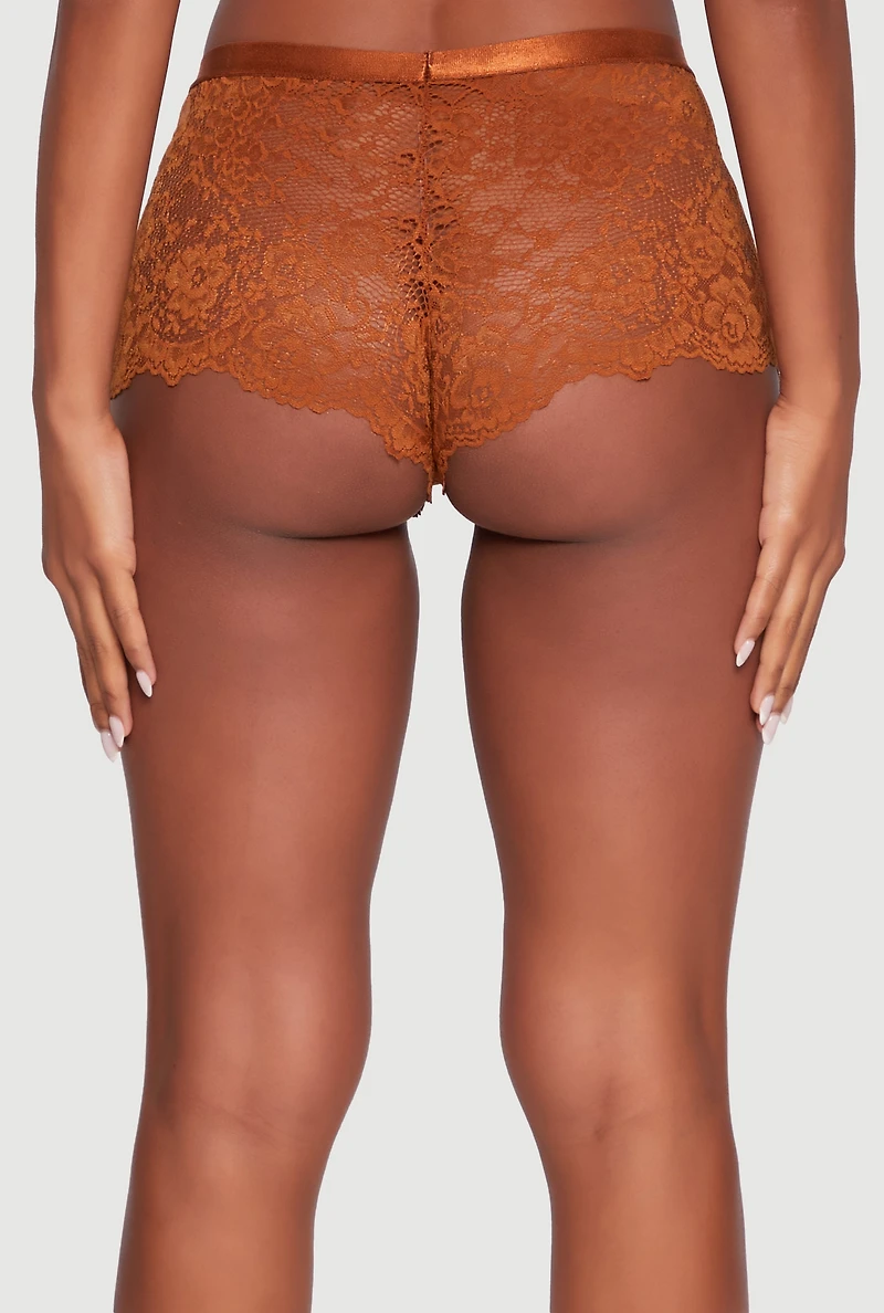 Womens Rose Floral Lace Scalloped Boyshort Panty, Brown, Size M