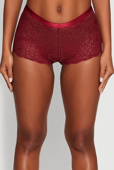 Womens Floral Lace Scalloped Trim Boyshort Panty, Burgundy, Size L