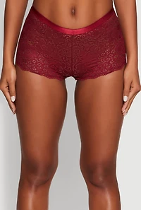 Womens Floral Lace Scalloped Trim Boyshort Panty, Burgundy, Size L