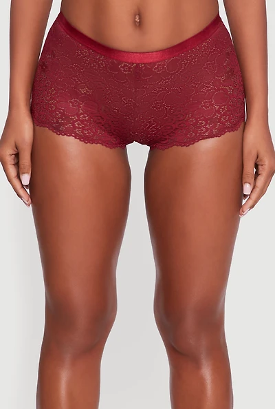 Womens Floral Lace Scalloped Trim Boyshort Panty, Burgundy,