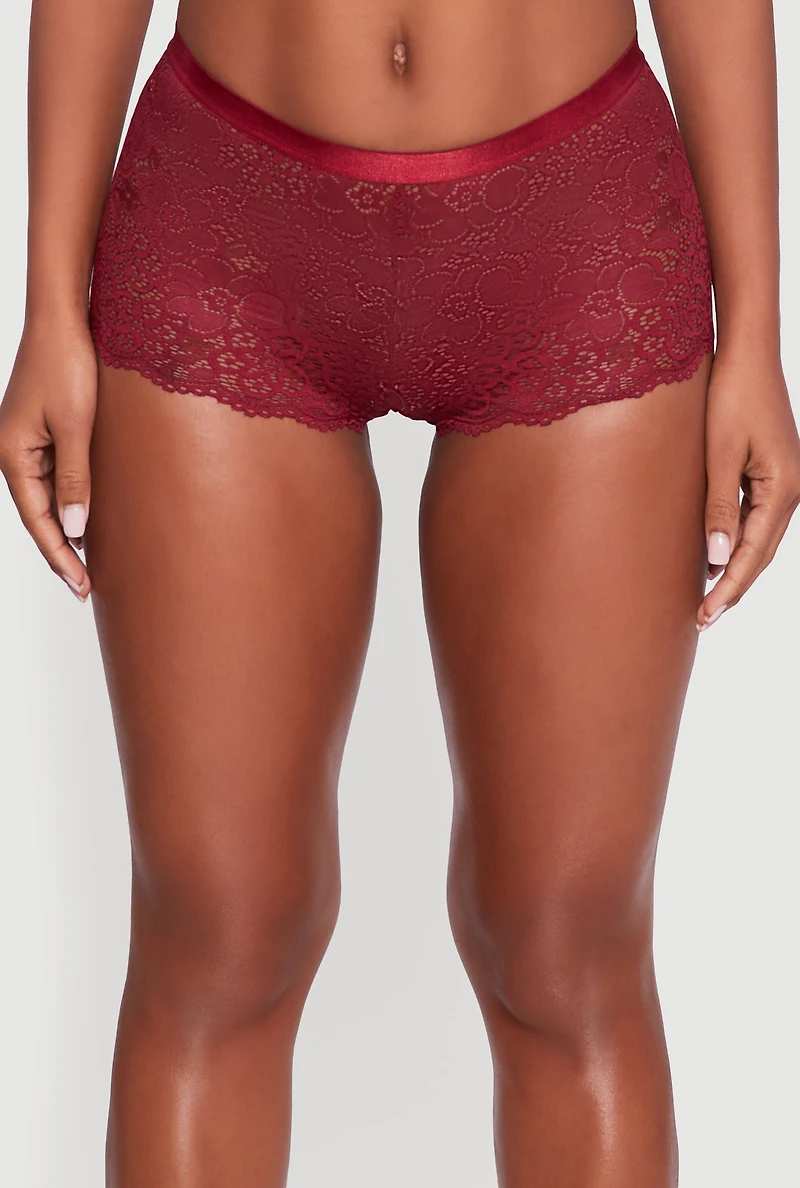 Womens Floral Lace Scalloped Trim Boyshort Panty, Burgundy, Size M