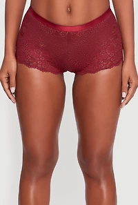 Womens Floral Lace Scalloped Trim Boyshort Panty, Burgundy, Size M