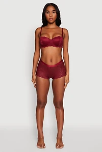 Womens Floral Lace Scalloped Trim Boyshort Panty, Burgundy, Size L
