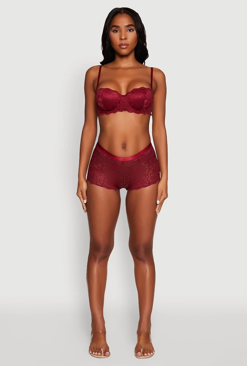 Womens Floral Lace Scalloped Trim Boyshort Panty, Burgundy, Size XL