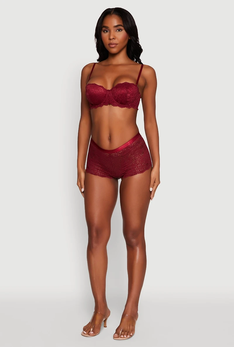 Womens Floral Lace Scalloped Trim Boyshort Panty, Burgundy, Size L