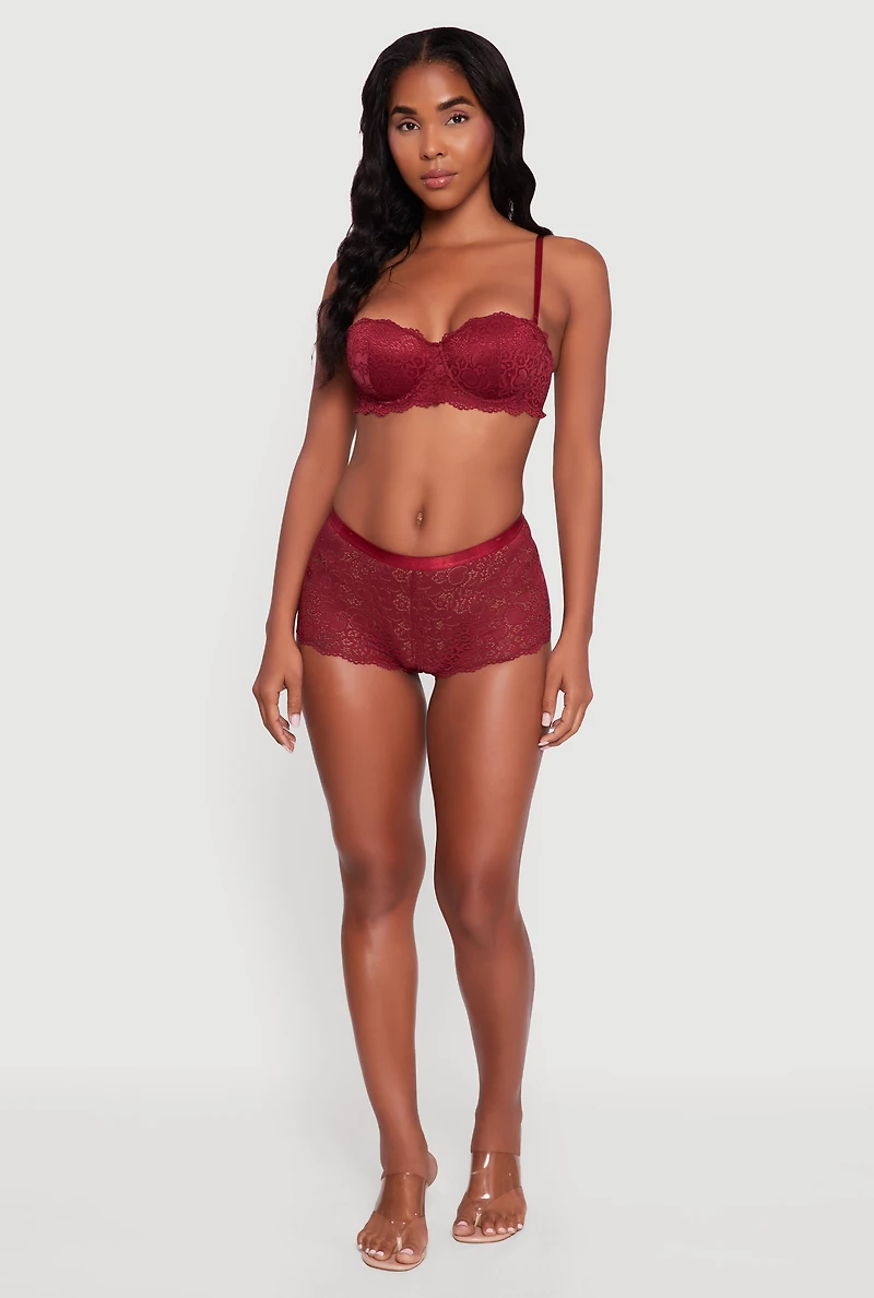 Womens Floral Lace Scalloped Trim Boyshort Panty, Burgundy,