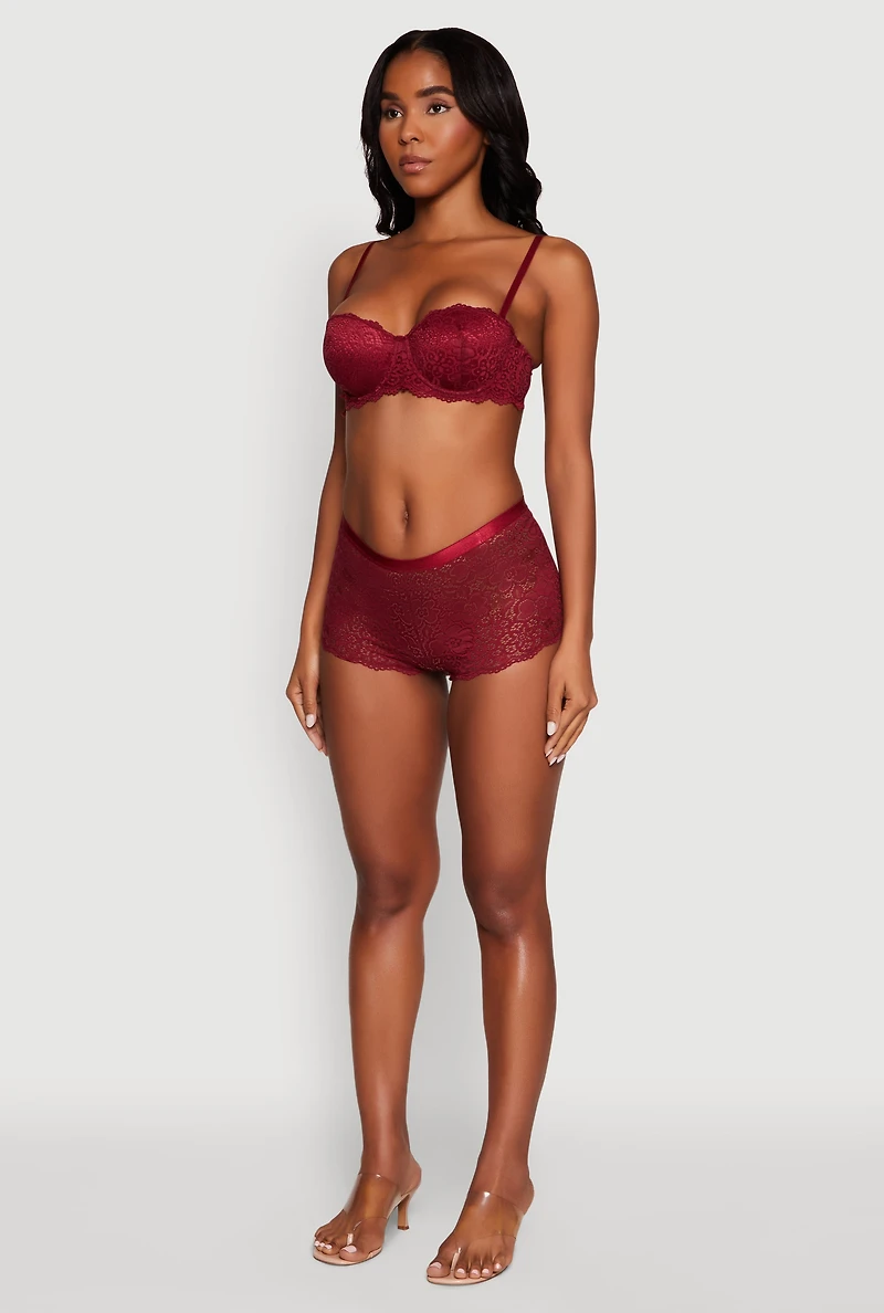 Womens Floral Lace Scalloped Trim Boyshort Panty, Burgundy, Size L