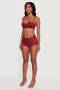 Womens Floral Lace Scalloped Trim Boyshort Panty, Burgundy,