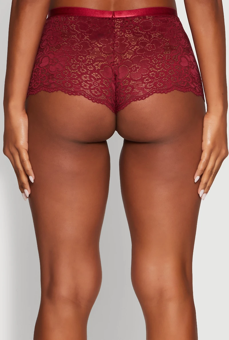 Womens Floral Lace Scalloped Trim Boyshort Panty, Burgundy, Size L