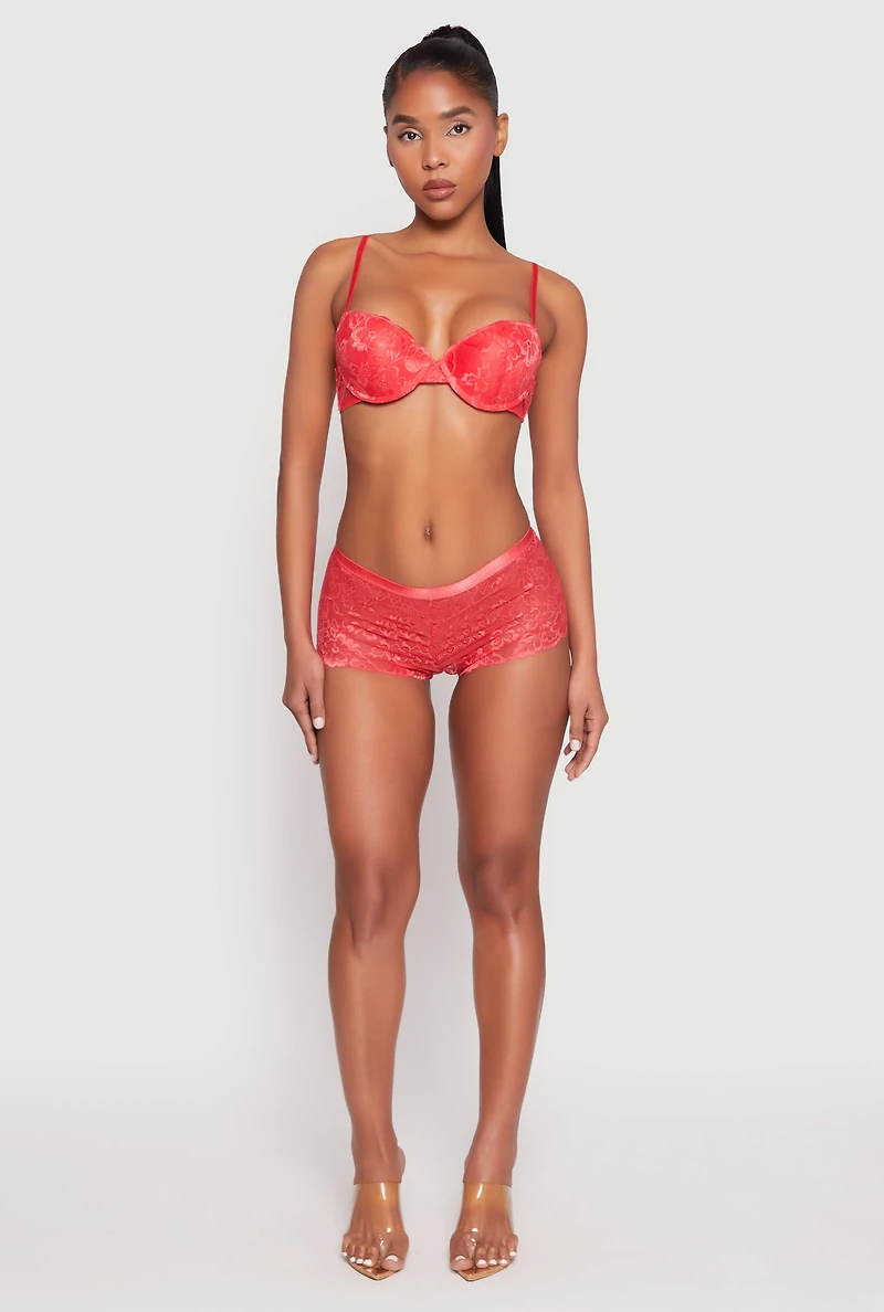 Womens Scallop Trim Caged V Back Lace Boyshort Panty, Red, Size L