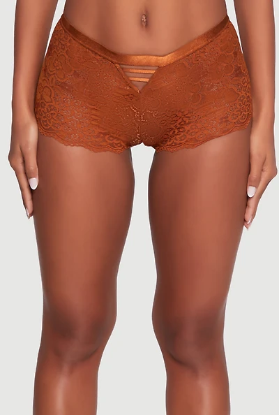 Womens Lace V Caged Front Boyshort Panty, Brown, Size M