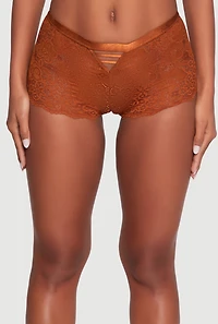 Womens Lace V Caged Front Boyshort Panty, Brown, Size S