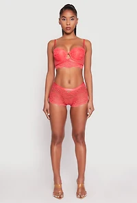 Womens Floral Lace Caged Front Boyshort Panty, Pink, Size M