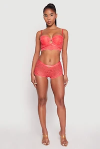 Womens Floral Lace Caged Front Boyshort Panty, Pink, Size M