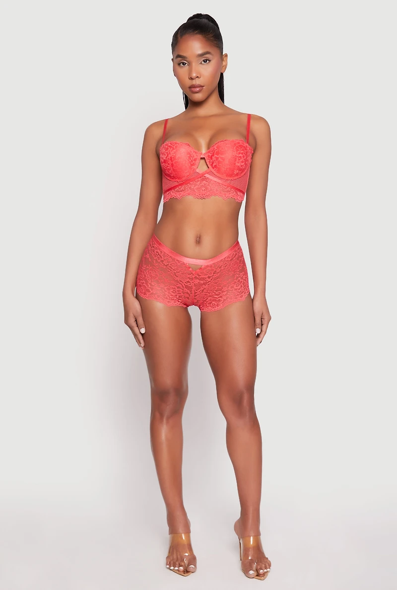 Womens Floral Lace Caged Front Boyshort Panty, Red,